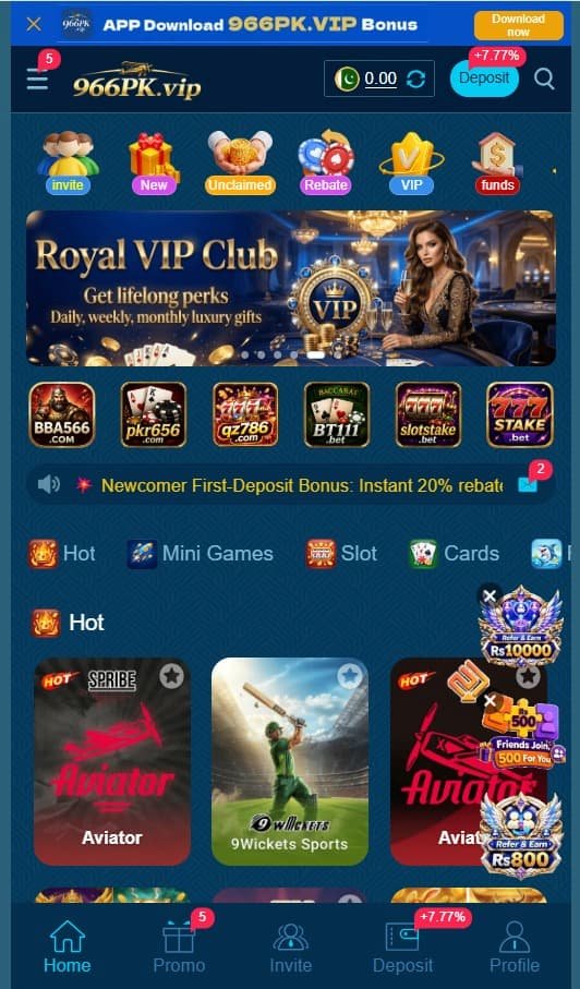 966PK Game mobile interface showing Aviator, 9Wickets Sports and slot games
