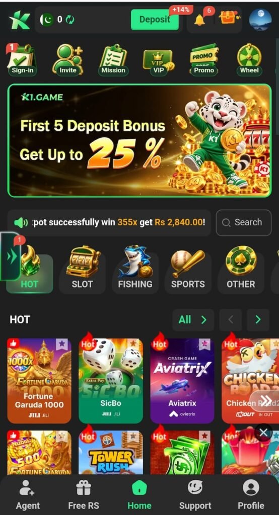 K1 Game Android app home screen showing deposit button, bonus banner and game categories