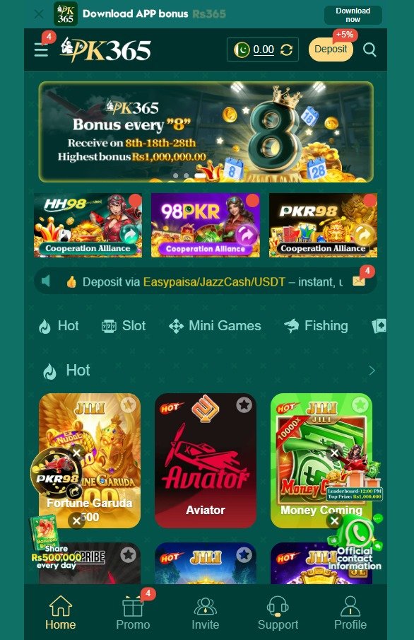 PK365 Game APK home screen showing casino games, slots, mini games and navigation menu